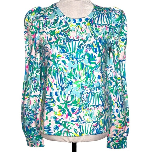 Lilly Pulitzer Jansen Sweatshirt Blue Ibiza Cabana Cocktail Print Size Small - Picture 1 of 9